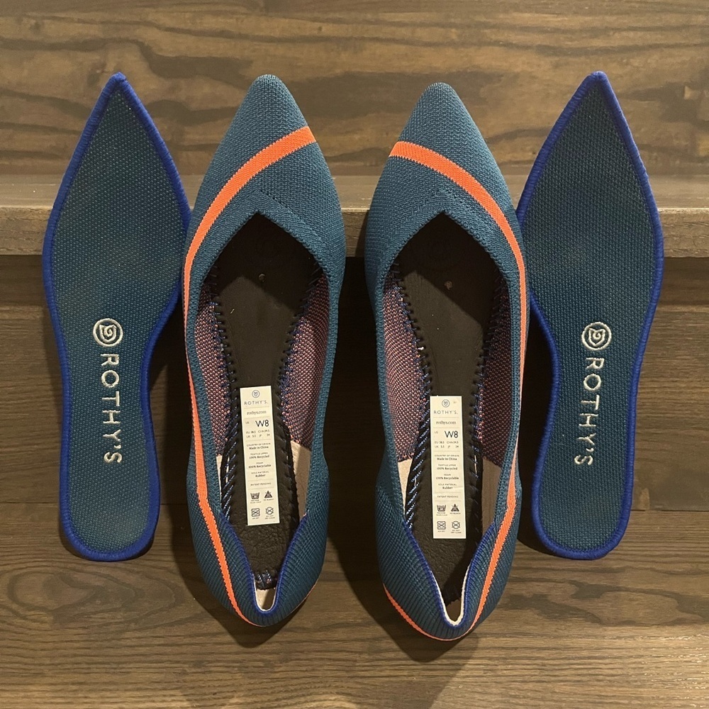 Rothy's The Point in Teal Blue with Coral Orange Stripe Size 8 - Picture 4 of 10